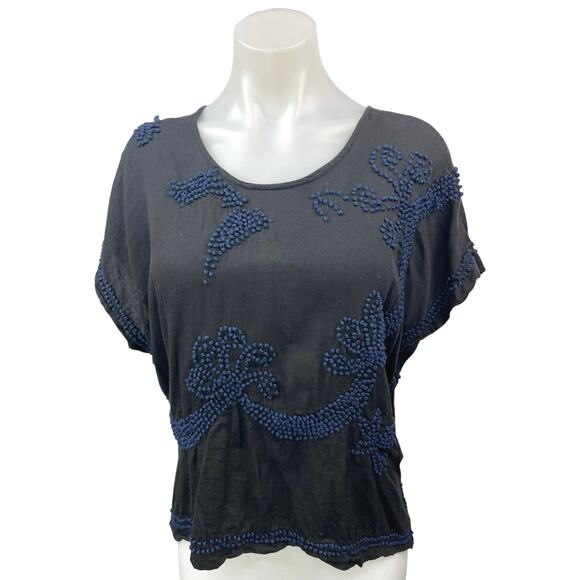 Nikki Chasin Women's Black Blue Embellished Round Neck Casual Blouse Top Size S - Picture 1 of 5